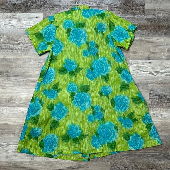 Vintage 1970s Saramae Floral Button Down House Dress Green Blue - Picture 6 of 9